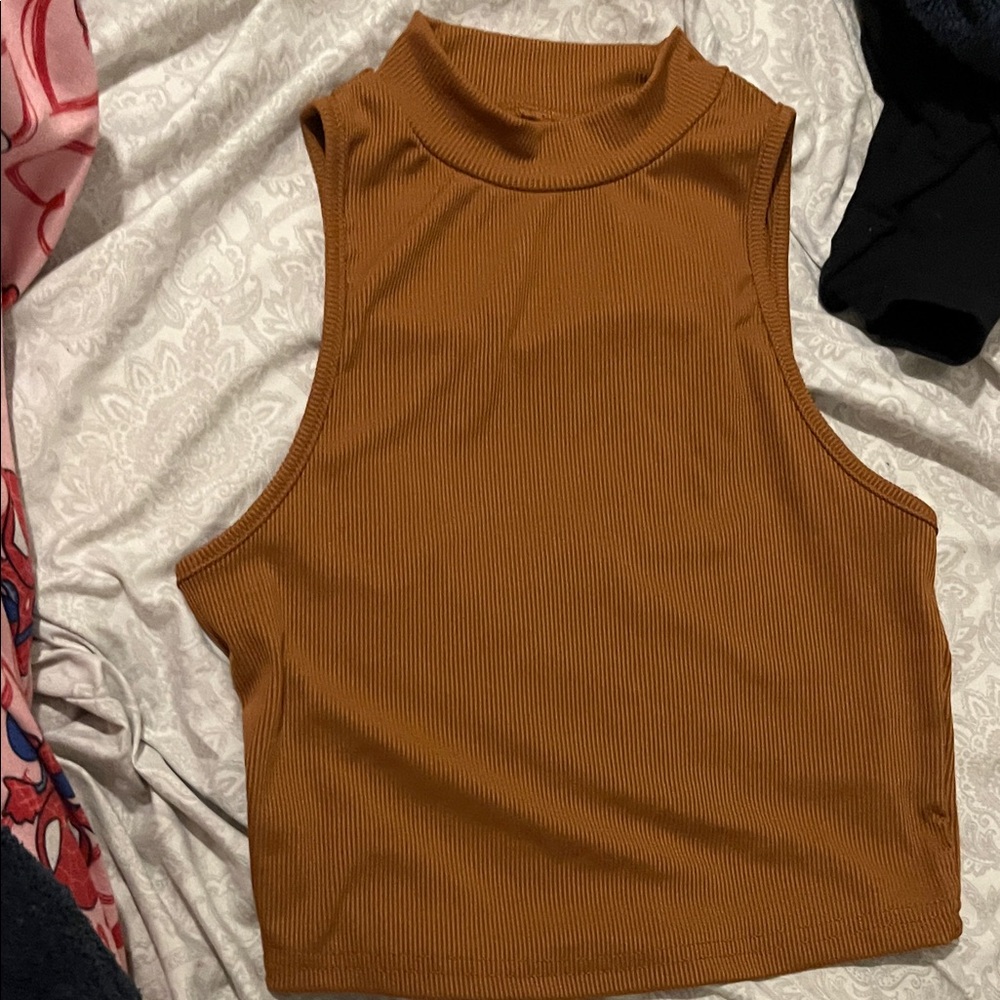 SHEIN Ribbed Mock Neck Tank Top - Tan